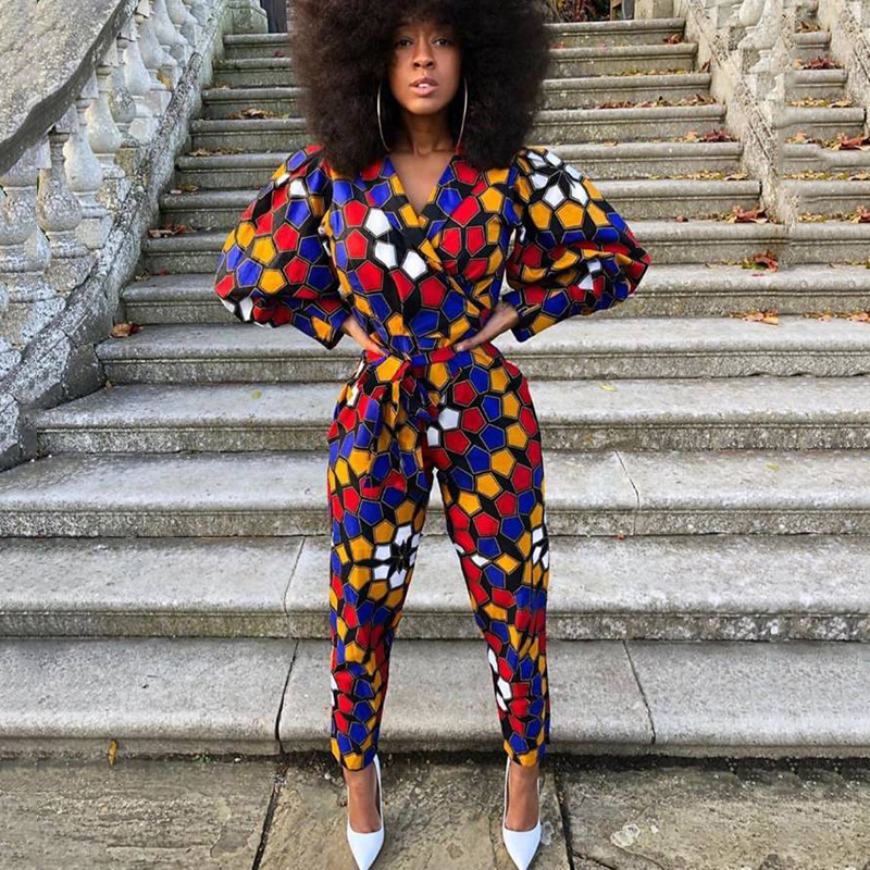 

2021 African Style Vitnage Printed V-neck Women Long Sleeve Lace Up Belt Elegant Office Lady Jumpsuit Autumn New Fashion Jydf, Beige