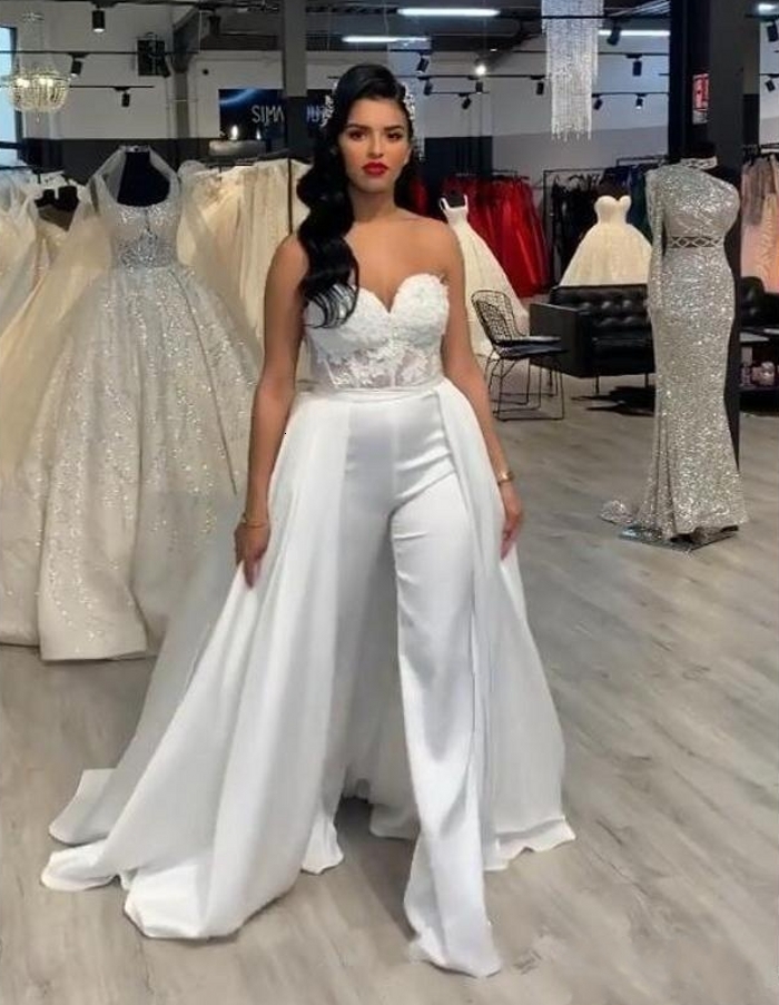 

2021 New Vintage Stain Women Jumpsuit Removable Skirt Sweetheart Abiye Bride Wedding Gowns with Pant Suitdeane Lita 585x, Green