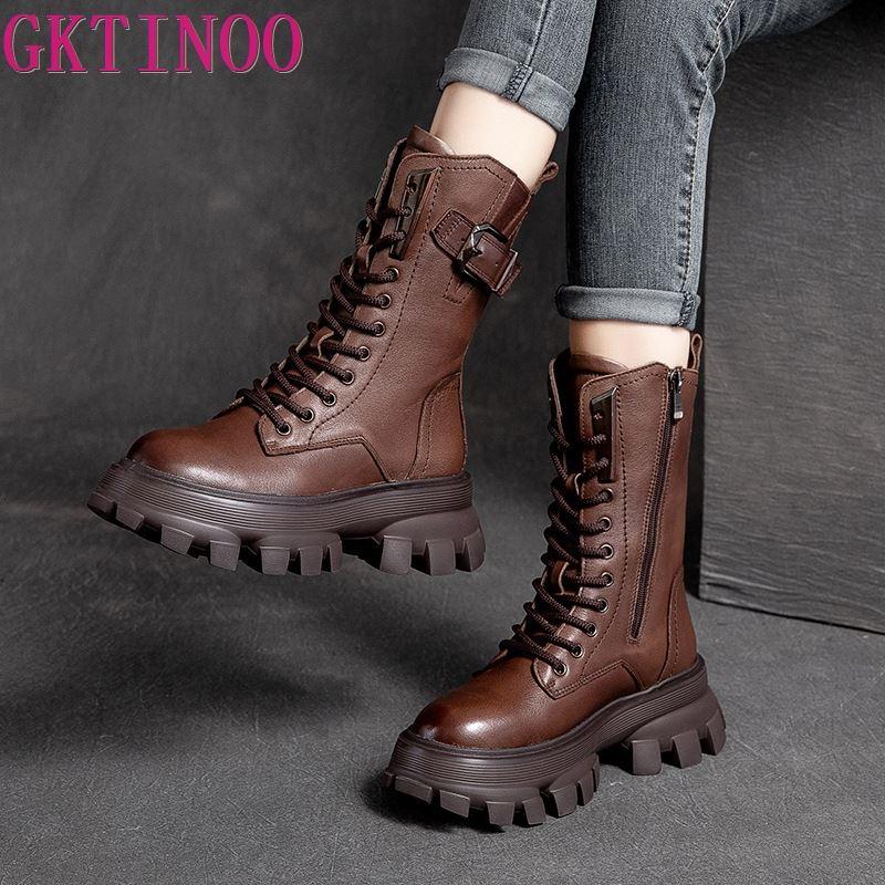 

Boots GKTINOO Retro Vintage Platform Female Mid-Calf Handmade Round Toe Med Heels Shoes For Women Genuine Leather Woman, Black