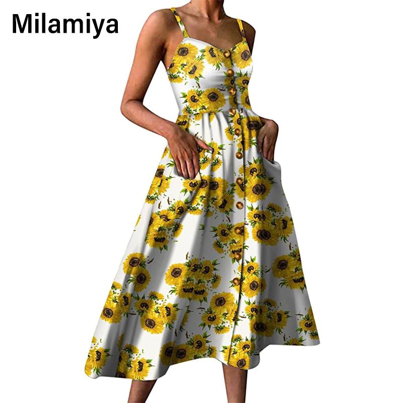 

Casual Dresses Sexy Summer Dress 2021 V-neck Sleeveless Backless Floral Beach Women' Boho Button Sunflower Print Party Vestidos, Beige