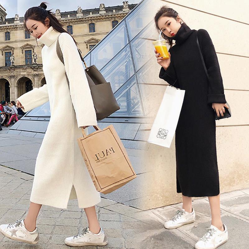 

Knitted One-piece Sweater Dress Women Korean Fashion Turtleneck Dress Warm Winter Long Sleeve Black Midi Dress 2021 Knit, Black;gray