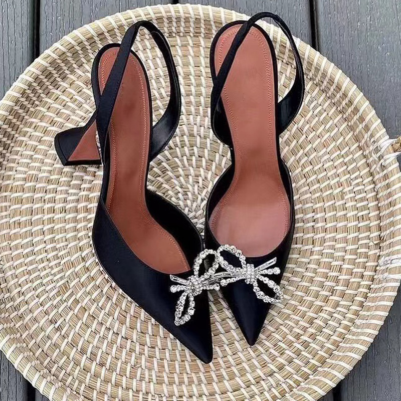 

High end pointed sandals luxury designer hig heels horseshoe heelstrap sexy party womens shoes silk surface 10cm bow diamond largeSolid color women shoe 42 / 35, Blue