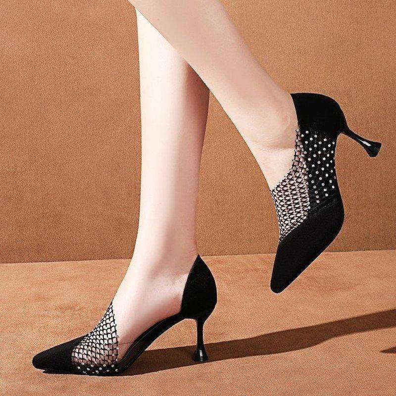 

Dress Shoes 2021 Fashion Mesh & Lace Hollow Stripe Crystal Ladies Casual Pointed Toe High Stilettos Heels Pumps Feminine Mujer Sandals, Black