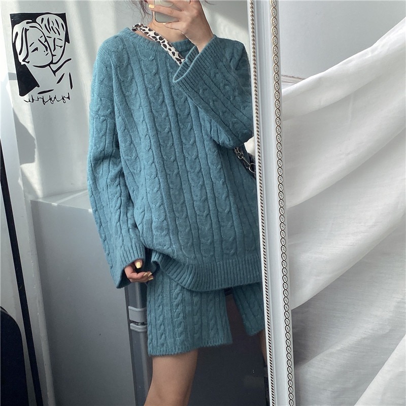 

2021 New Knitted Two Pieces Sets Causal Twisted Long Sleeve O-neck Pullover Sweater + Stretch Waist Shorts Women Outfits 6c192 4e9e, Beige pants