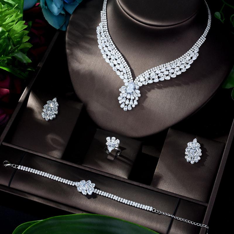 

Earrings & Necklace HIBRIDE Charm Bridal Jewelry Set Wedding 4pcs Ring And Bracelet Engagement Party Bijoux Mariage N-924, Silver