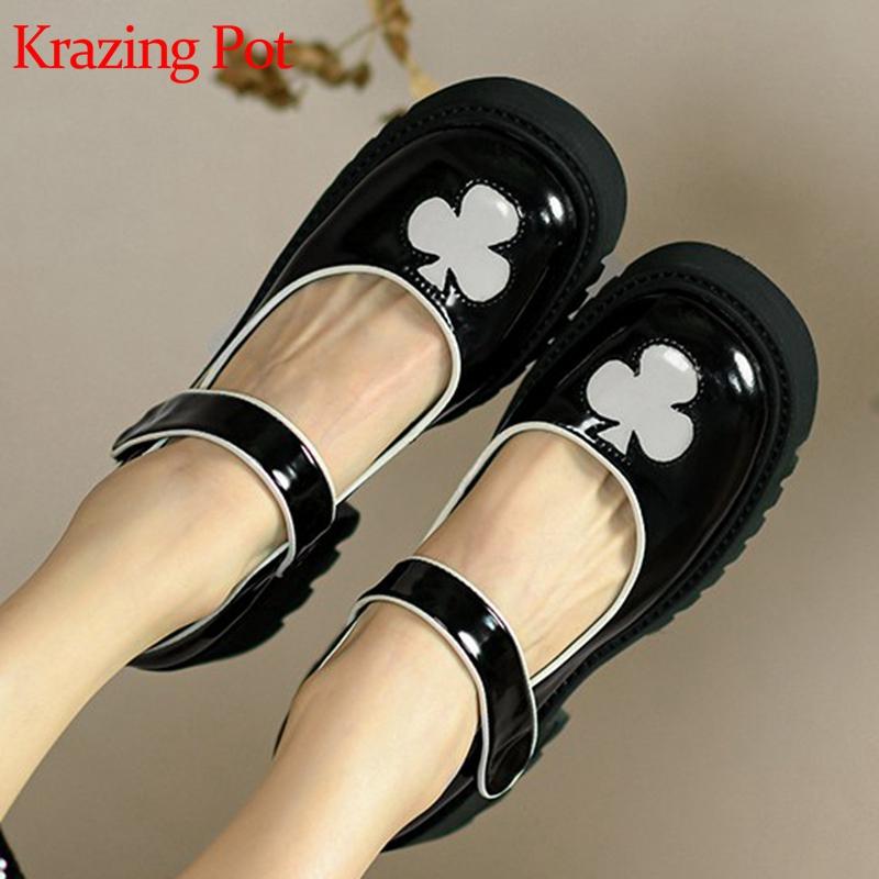 

Dress Shoes Krazing Pot Mixed Colors Loafers Hook Loop Round Toe Waterproof Thick Med Heels Kid Leather Prints Spring Sweet Women Pumps L07, Beige