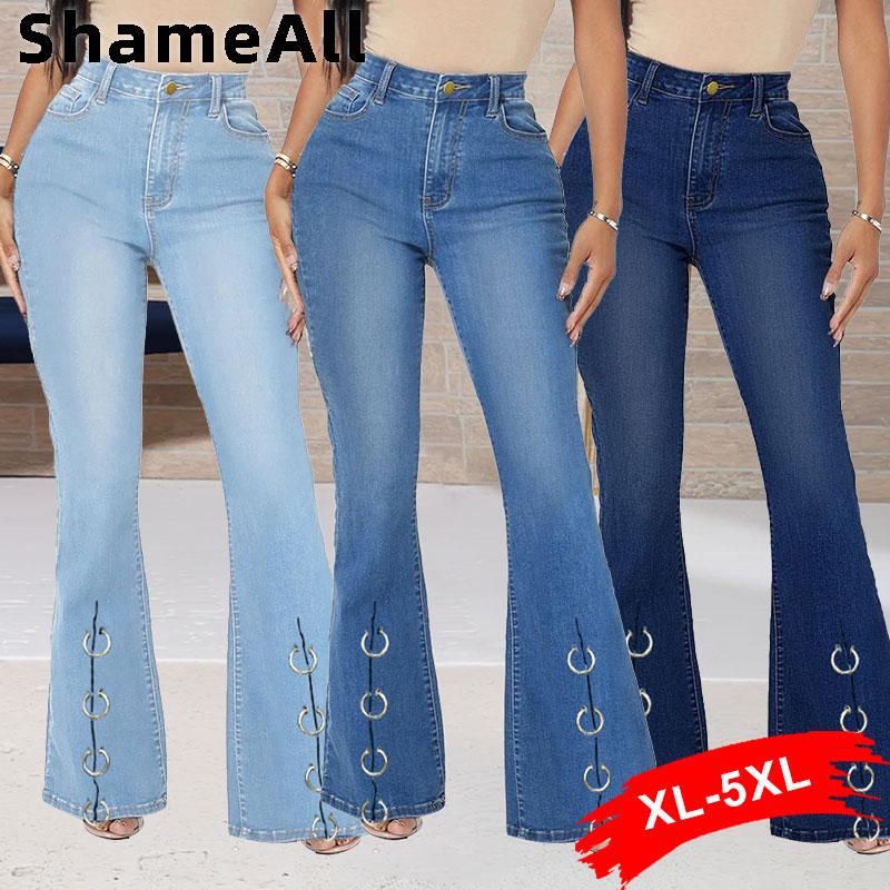 

Plus Size Pants Y2K Chain Patchwork Stretchy Skinny Flare Jeans 4XL Street Vintage Melody Club Slit Denim Trousers Bell Bottoms