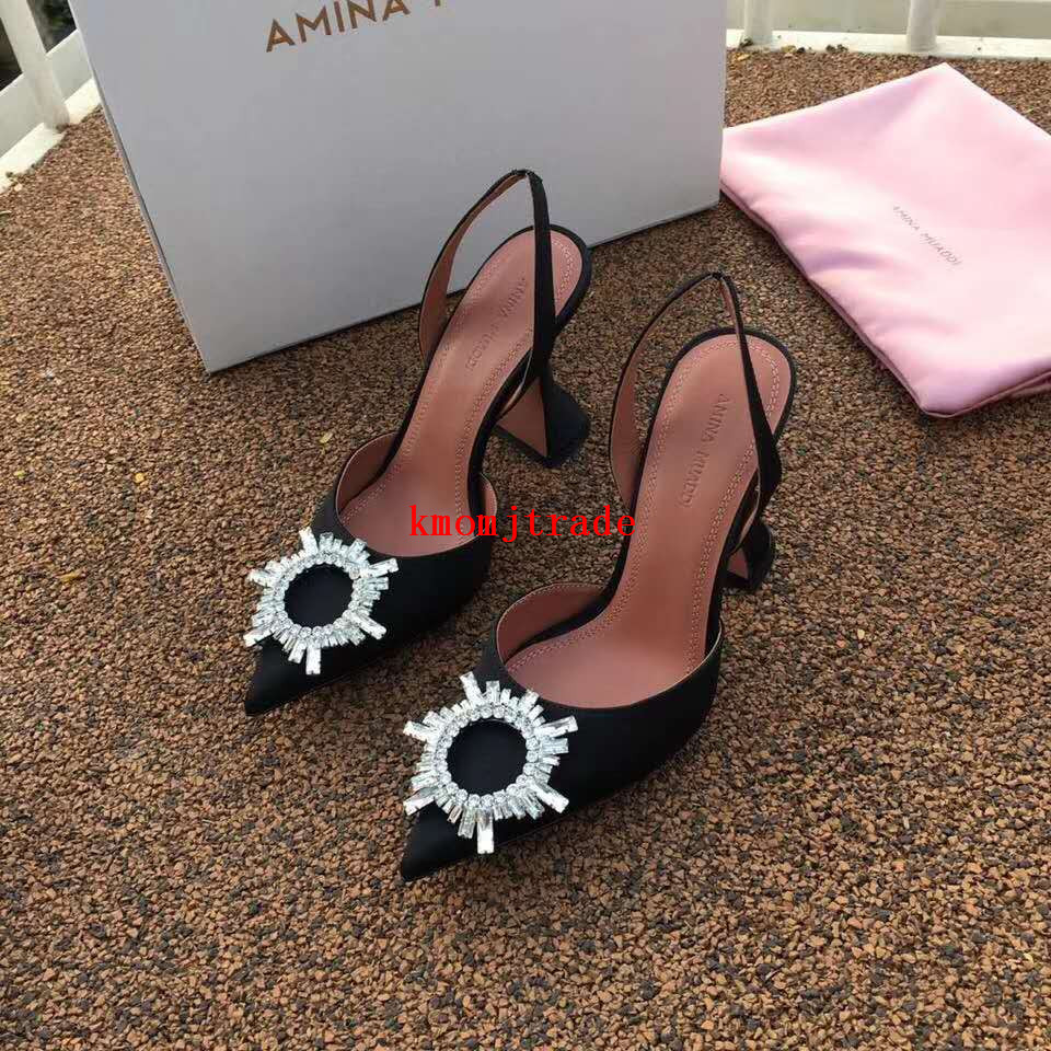 

Woman Sandals Italy Amina Muaddi Black Satin Begum Sling Heels Amina Muaddi