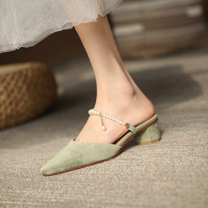 

slippers summer ladies leather slippers 22-24.5cm sheep/leather suede + pearl chain outdoor women's 14jz, Black