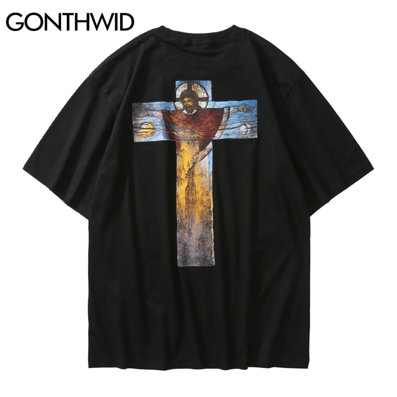 

T-Shirts Men Streetwear Hip Hop Cross Jesus God Print Tshirts Cotton Casual Loose Harajuku Short Sleeve Tees Tops 210602, Khaki