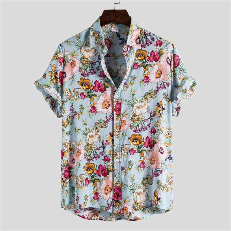 

2020 new summer casual floral short sleeve youth popular lapel men's shirt, White;black