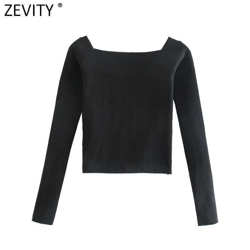 

Zevity Women Simply Slash Neck Long Sleeve Chic Camis Tank Lady Black White Knitted Vest Slim T-shirt Casual Crop Tops SW846 210603, Daa sw846b