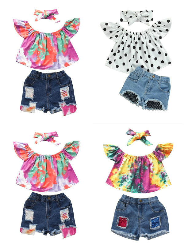 

Retail/wholesale girl pullover denim shorts tracksuit Clothing Sets 3pcs set One-shoulder printed top+ short+bow headband girls outfits children Designers Clothes