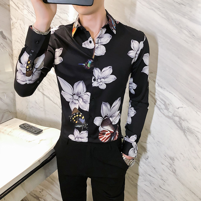 

2021 British Style New Spring Thin Print Long Fitting Men Floral Shirt Ed Casual Fashion Streetwear/prom White Tuxedo 00il, Black