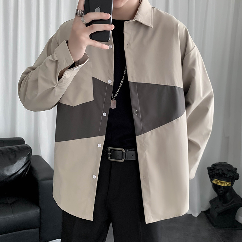 

2021 Koszule Style Patchwork Men Long Sleeve Autumn New Mens Tooling Shirts Button Up Shirt Chemise Homme Man X700, Khaki