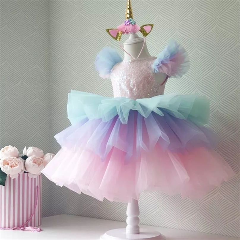 

Girls Rainbow Unicorn Princess Dress Cake Layers Tutu Prom Gown For Kids Children Wedding Evening Formal Party Pageant Vestidos 220211