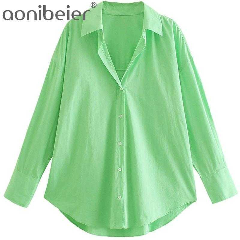 

Green Loose Shirts Summer Fashion Turn-Down Collar Drop Shoulder Women Casual Blouses Female Curved Hem High Low Tops 210604, Gr