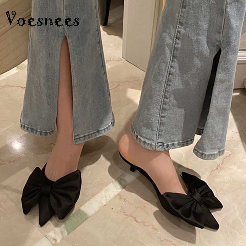 

the Slippers 2021 Spring Summer New Butterfly-knot Silk Pointed to Women's Solid-colored Shoes Low-heel Ladies Slides 8dwq, The picture showed