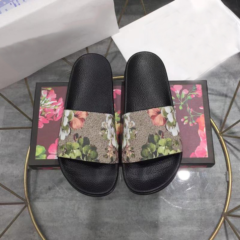 

2022 Designer Slippers Men Women Sandals Summer Wide Flat Flip Flops Flowers Printing Leather Slides Fashion Rubber Flats Slipper With Box