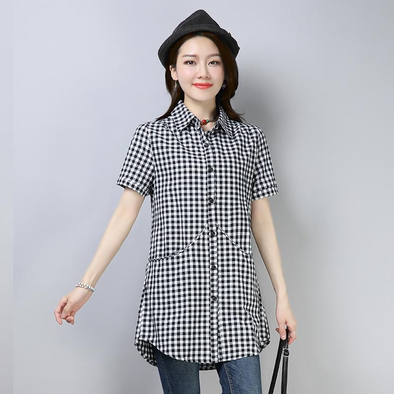 

Women's Blouses & Shirts #2903 Summer Plaid Stripe Shirt Women Casual Long Cardigan Ladies Slim Short Sleeve Tunic Elegant Blouse Plus Size, Black