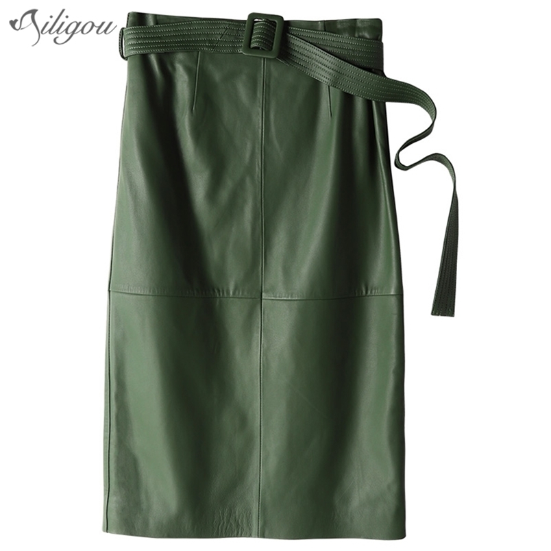 

Summer Women Luxury PU Leather Skirt High Street Green & Khaki Black Sheap Genuine Touch Straight 210525