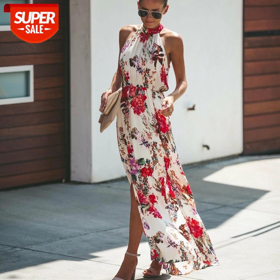 

Halter Style Women Summer Floral Dress Casual Boho High Waist Long Maxi Holiday Party Sleeveless Loose Dress Clothes #9q5z, Black;gray