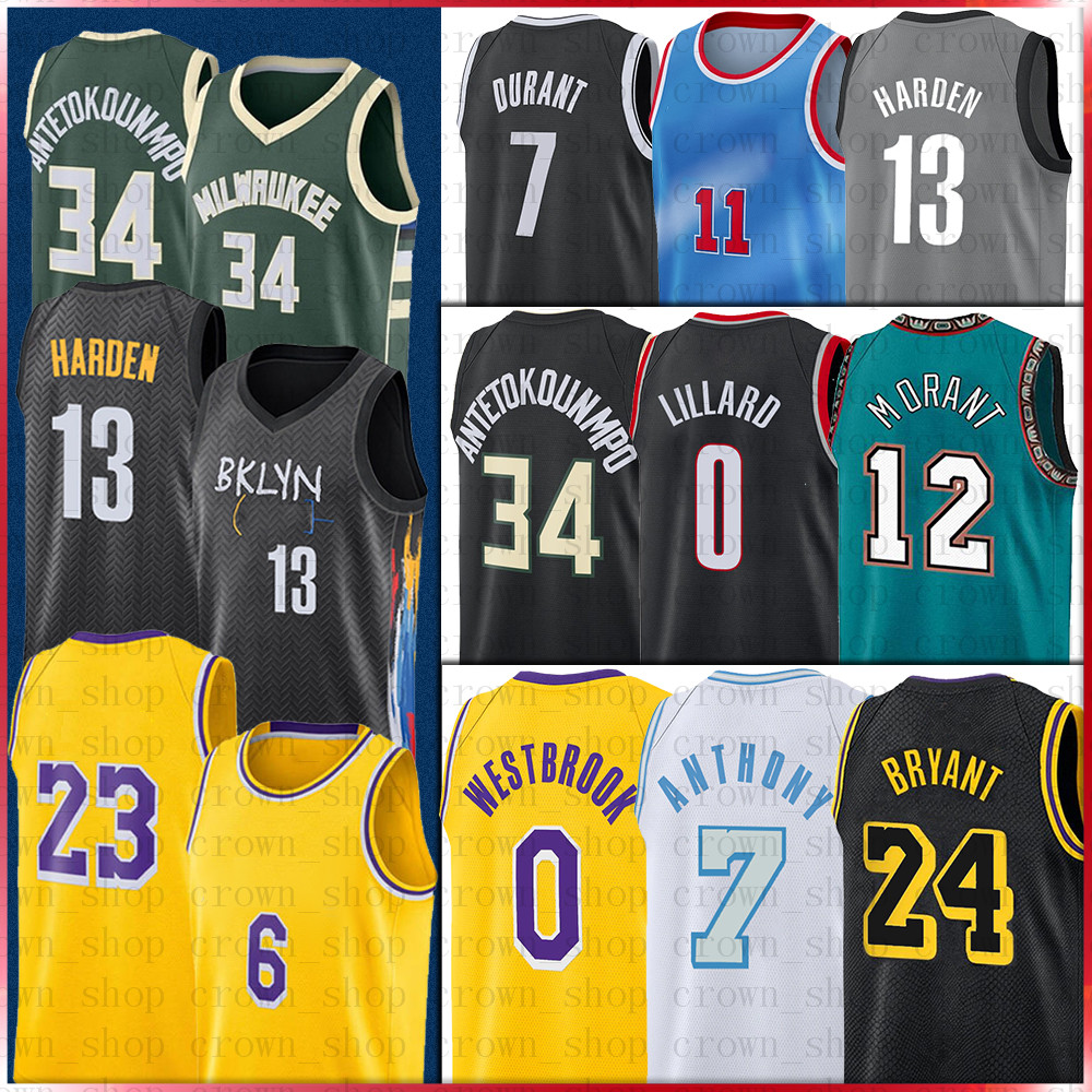 

7 Kevin 34 Giannis Durant Basketball Jersey 11 Kyrie Harden Irving Antetokounmpo Russell 0 Westbrook 6 LBJ Damian 0 Lillard Davis Carmelo 7 Anthony Curry, Men