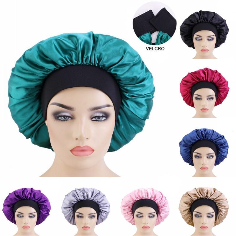 

Beanies Adjustable Women Large Satin Wide Side Magic Tape Night Sleep Hats Pure Color Round Hair Care Beauty Caps