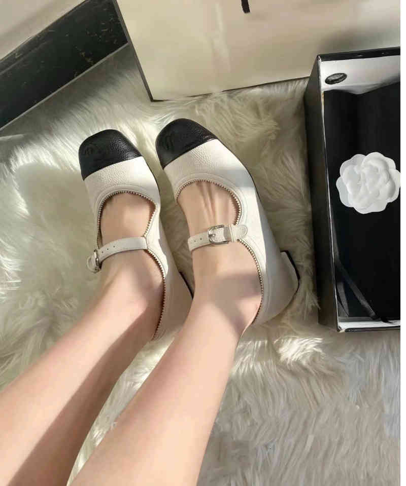 

High version of C family small fragrance Mary Jane shoes Retro Leather one button ballet flat bottom color matching single shoes women, Black chunky heel