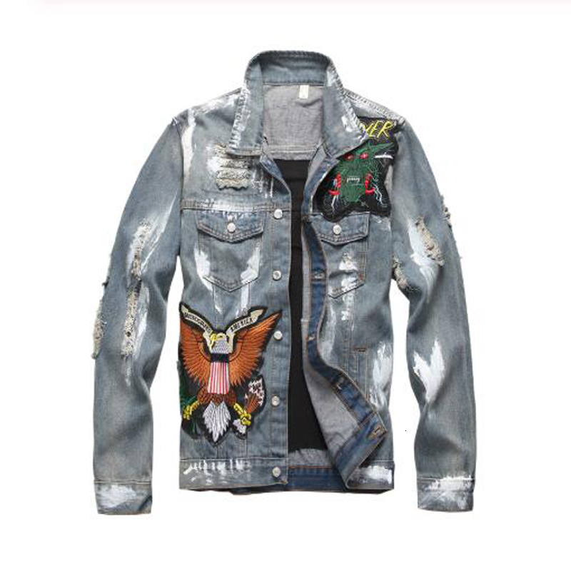 

2021 New Men's Male Slim American Flag Embroidered Ripped Jean Jacket Trendy Letters Birds Distressed Denim Top Coat Outerwear 0tcm, Sky blue