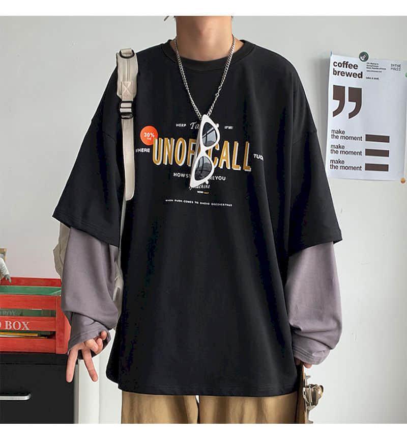 

Women's T-Shirt Fake Two-piece Long-sleeved Women Tshirt Men Autumn Korean Loose Letter Printing Student Jacket Couple Outfit Punk, Black
