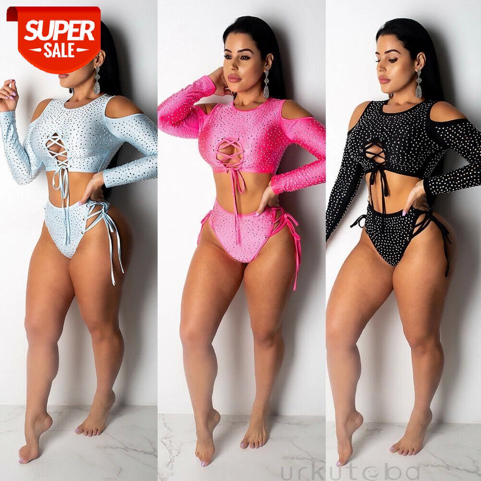 

Summer Women Crystal Long Sleeve Tops Bikini Set Sexy Long Sleeve Sequins Glittering Bikini Sets Swimwear Swimsuit Beachwear #Yo0J, White;black