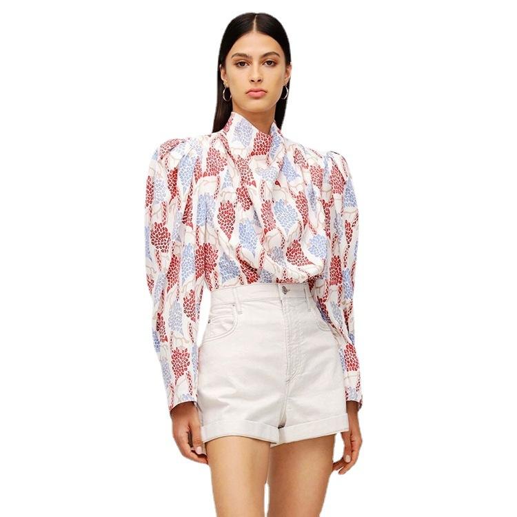 

Women' Blouses & Shirts Autumn 2021 French Long-sleeved Printed Shirt Retro Slimming Blouse Women, Contrast color