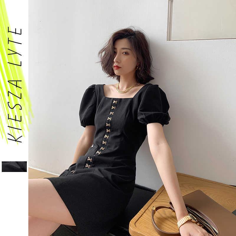 

summer dress solid white black single breasted french vintage square neck puff short sleeves sexy mini dresses vestidos 210608