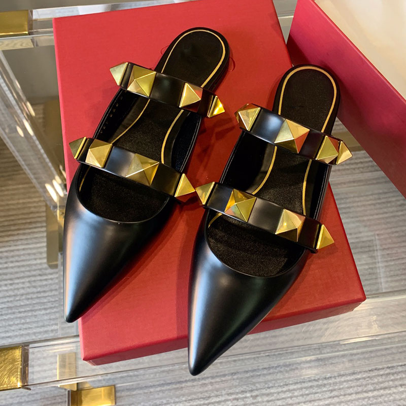 

Italy VG Gold Rivet Toe Slippers Women Genuine Leather Slides Calfskin Sandals Flat Heel Slipper Fashion Sandal Luxurys Designers Shoes Top Quality 6 Color, Black