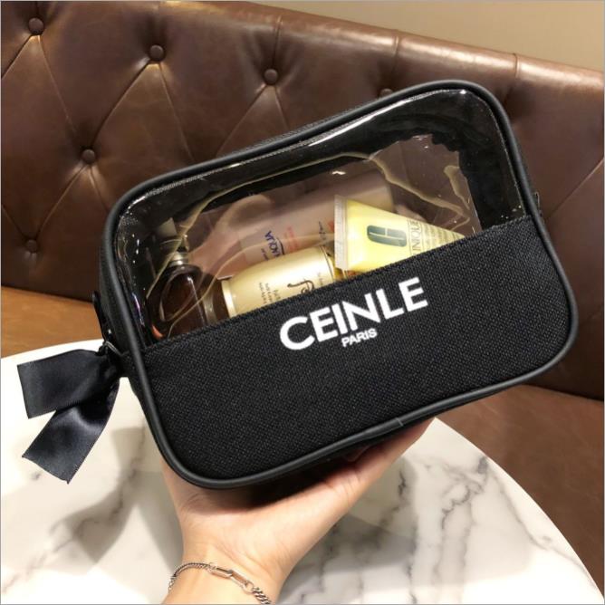 

Women's PVC transparent letter cosmetic bag bow knot portable simple storage bags large capacity canvas wash wallet, Khaki