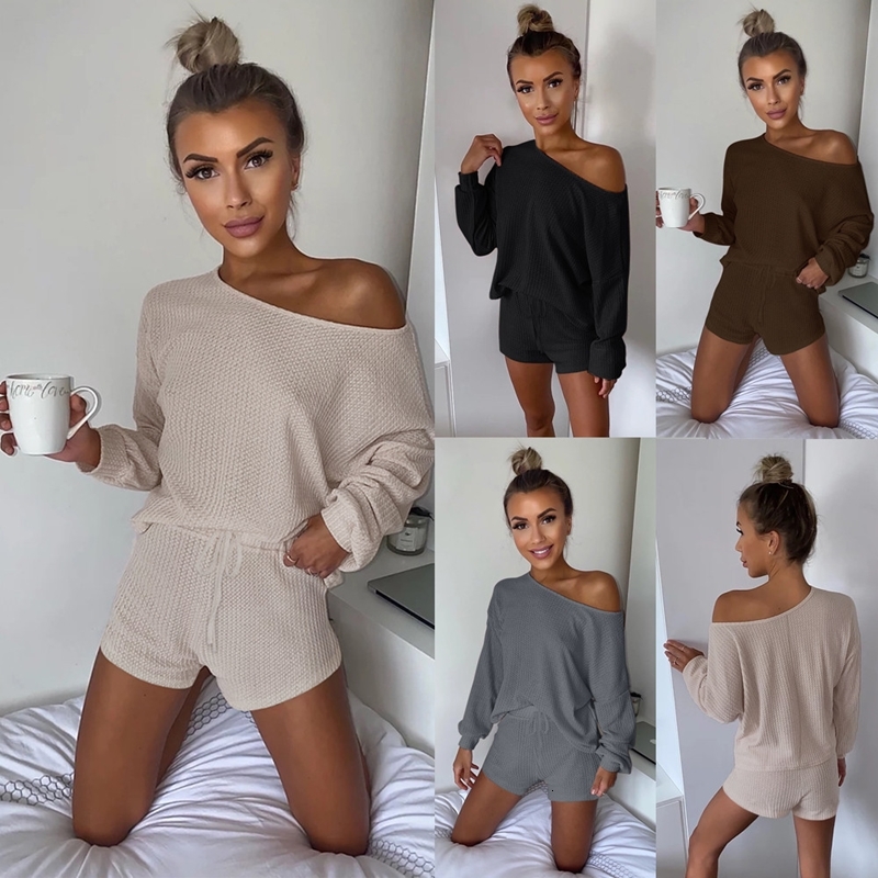 

2021 New Feminino 2 Peas Outono Sexy Um Ombro Topos e Shorts Define Casual Slido Esporte Wear Agasalho Lounge Terno Qiy5, Black