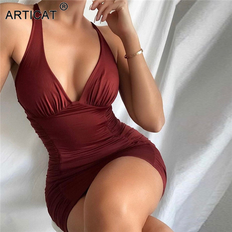 

deep v-neck ruched mini dress women brown spaghetti strap clothing women spring casual partywear slim elegant vestidoshigh quality, Black;gray