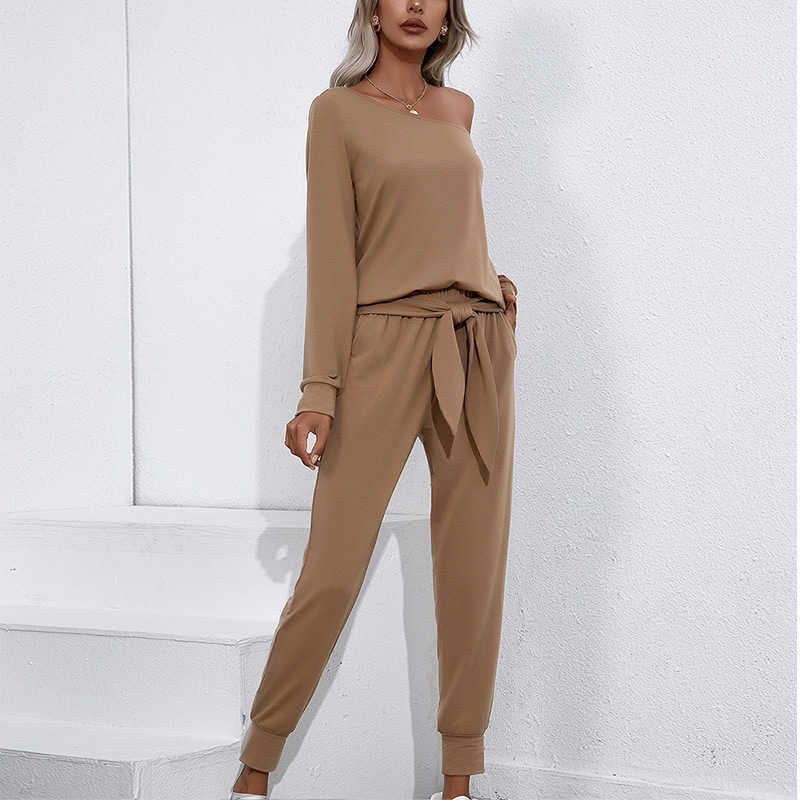 

Women Fashion Solid 2 Pieces Sets Long Sleeve Skew Collar Lace Up Top And Elastic Waist Harem Pant Suit Casual Female Tracksuit 210709, Black