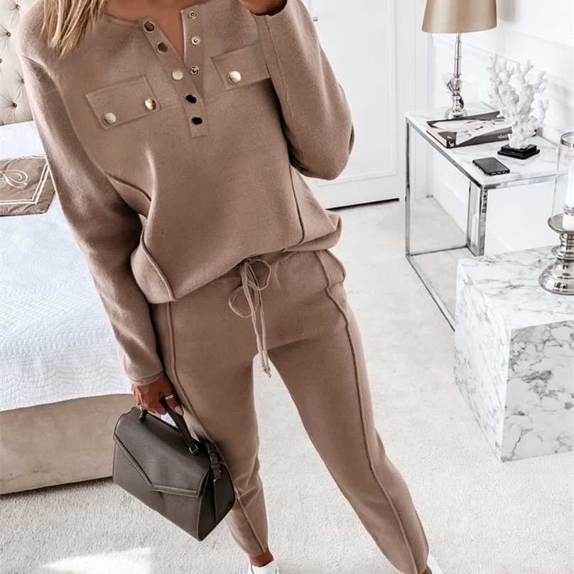 

Women Fashion Elegant Casual Buttoned Pocket Design Top & Drawstring Pants Set O-neck Autumn Spring 211106, Khaki
