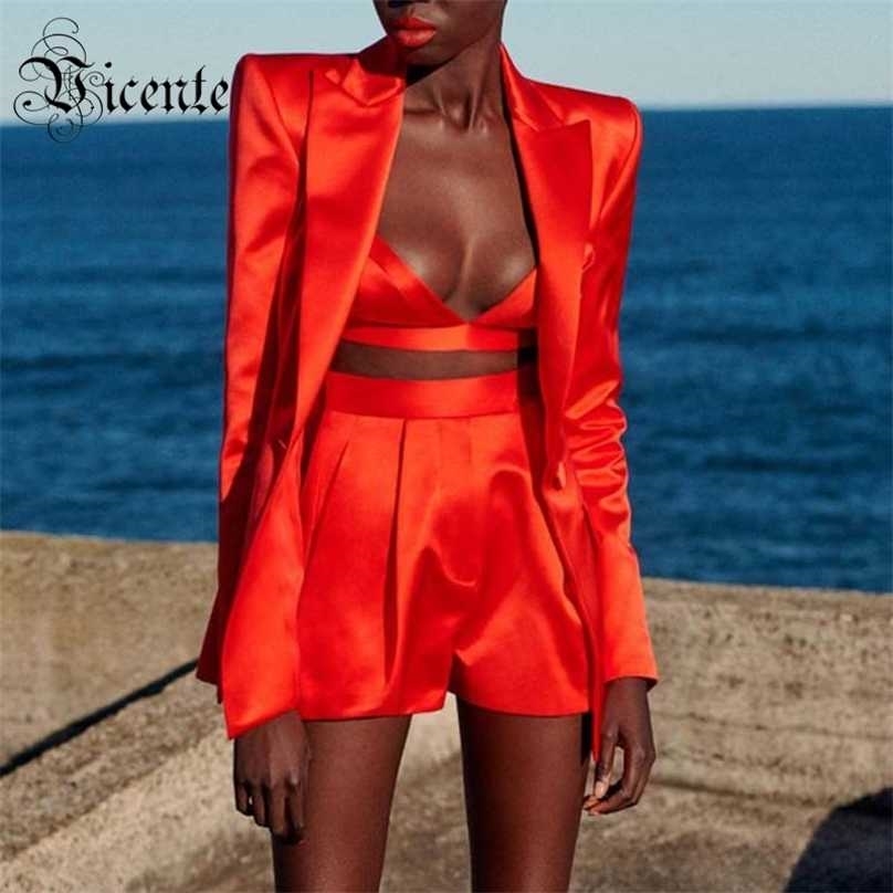 

VC All Trendy Red Three Pieces Suit Sexy V Neck Celebrity Party Satin Blazer Tops Shorts Set 211106