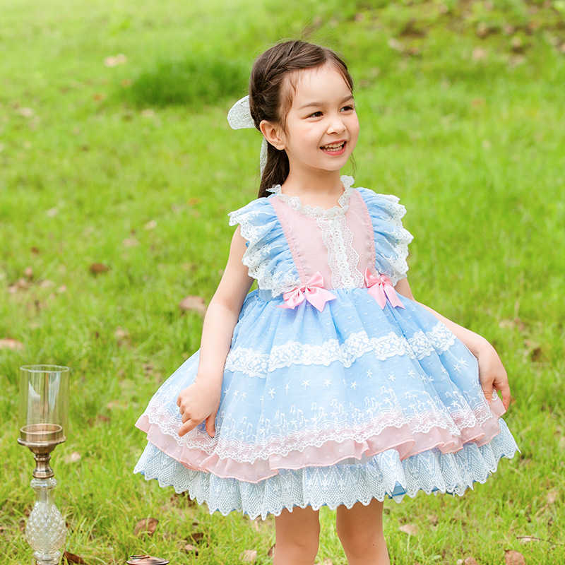 

Baby Girl Summer Spanish Tulle Dresses Children Lolita Princess Dress Infant Eid Birthday Vintage Ball Gown Kids Bow Lace Robe 210615, Light blue dress