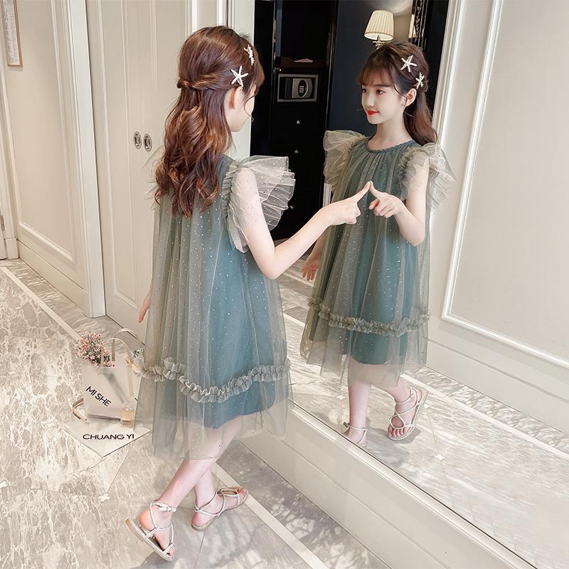 

Girl's Dresses 2021 Summer Children Princess Girls Dress Flying Sleeve Mesh Yarn 8 10 12 Years Old Kids Costume, Red;yellow