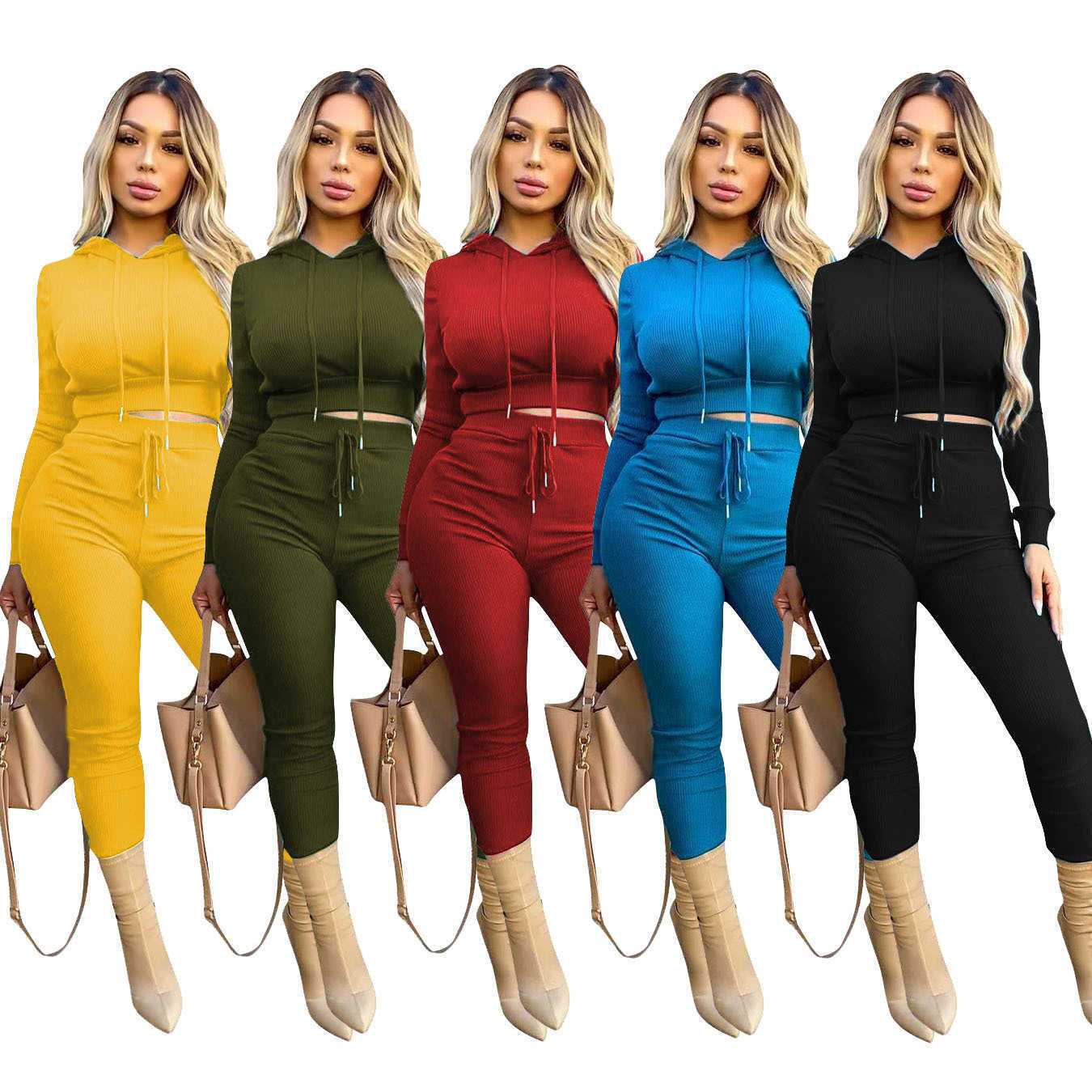 

Women's Two Piece Pants Outfits Casual Solid Rib Hooded Sports Fashion Autumn Dress In 5 Colors, Black
