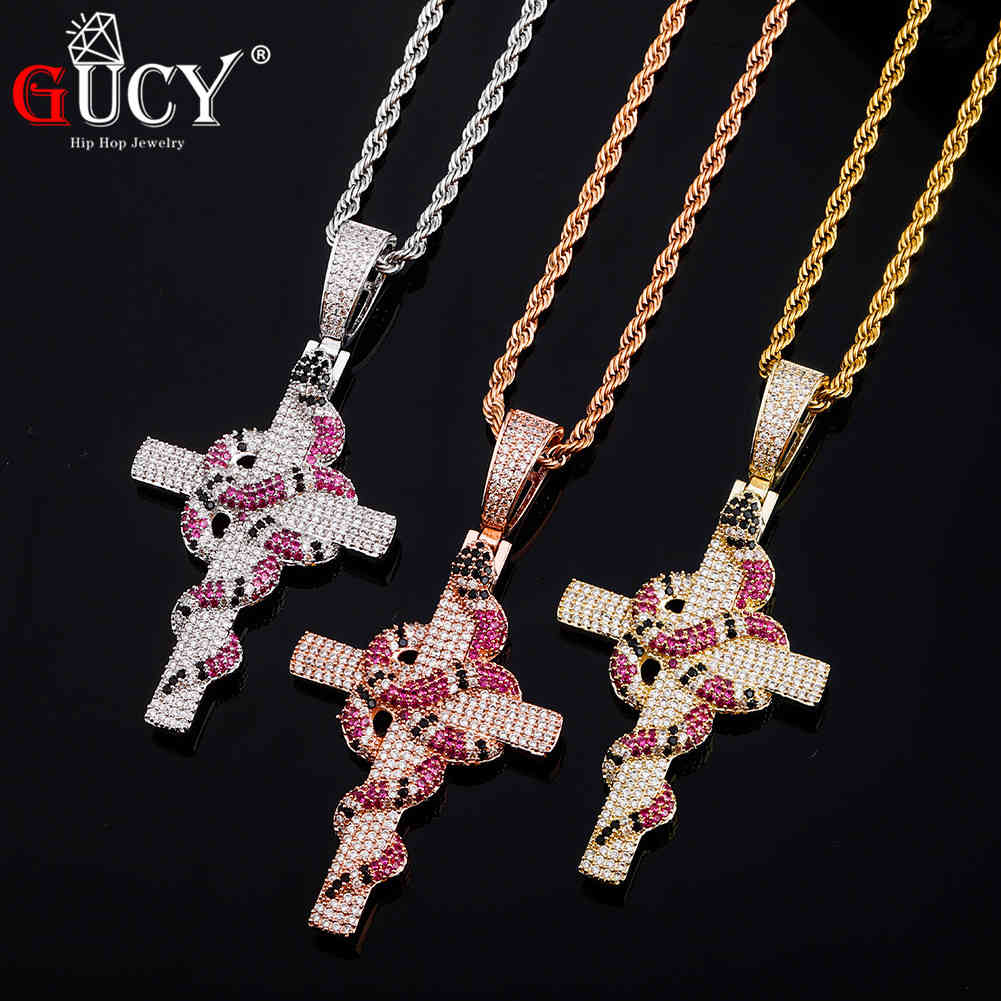 

GUCY Snake Winding Cross Pendant Necklace Iced Out Cubic Zirconia Pendant Hip Hop Jewelry For Man Gifts X0509