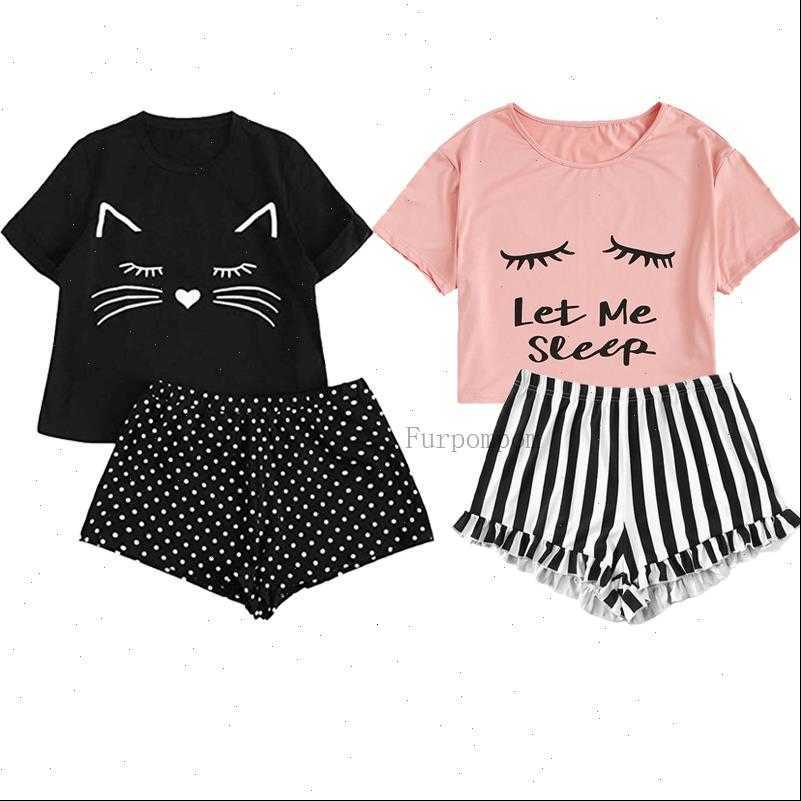 

homewear cute cat cartoon womens sleepwears printed pajamas set casual short sleeve t shirt sleepwear nightwear pyjama for women, Black;red