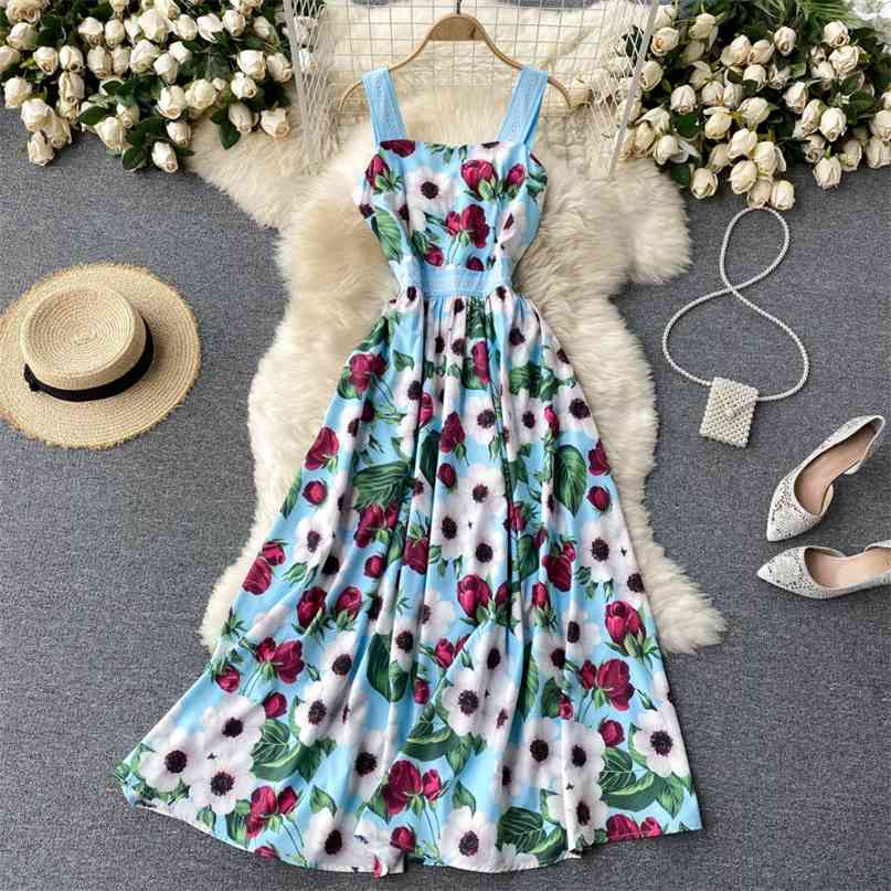 

Elegant Women Floral Print Maxi Dress Bohemian Spaghetti Strap Sleeveless High Waist A-line Casual Summer Beach Long 210603, Blue