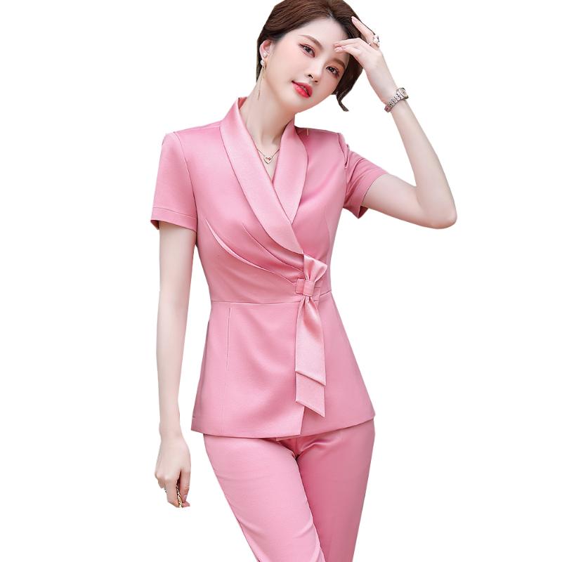 

Women' Two Piece Pants Arrival Elegant Short Sleeve Ladies Formal Pant Suit Women Pink Yellow Blue Blazer And Trouser Set For Summer, Black pant suit