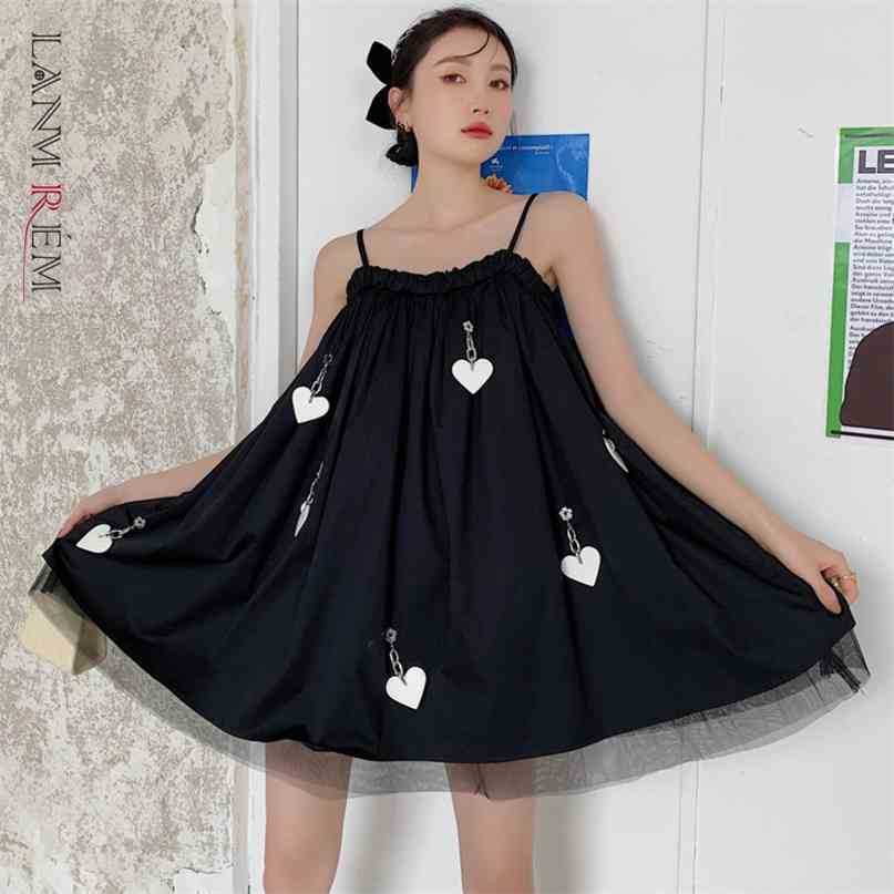

Women Sleeveless Suspender Dress Simple Love Decorative Dresses Mesh Patchwork Fit Female Fashion Summer 2H012 210526, Black