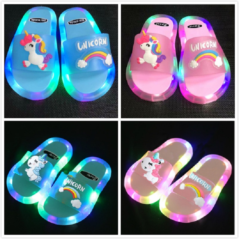 

Rainbow Unicorn Slippers for Boys Girls LED Light Summer Kids Beach Shoes Baby Toddler Soft Indoor Slipper Children Sandals, Multi-color